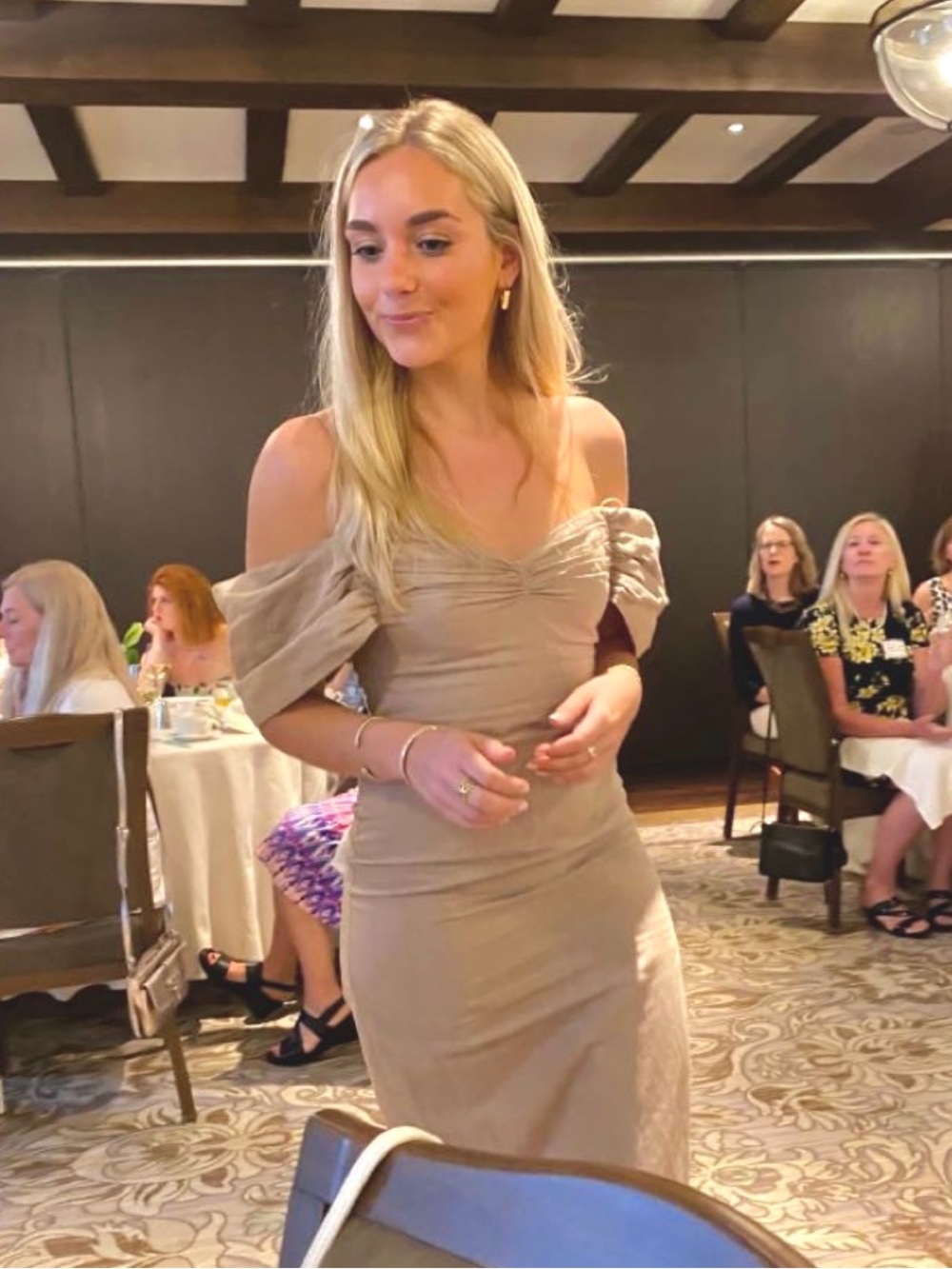 L'Academie Beige One-Shoulder Puff-Sleeve Midi Dress